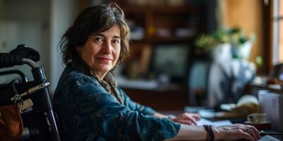 woman in a wheelchair working from home photo