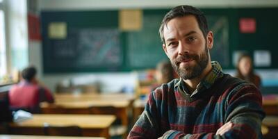 retrato de un masculino profesor en el salón de clases foto