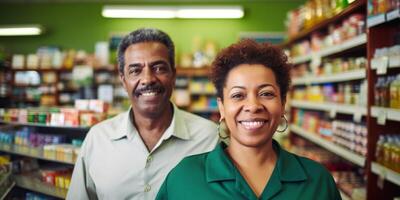 hembra y masculino supermercado trabajadores foto