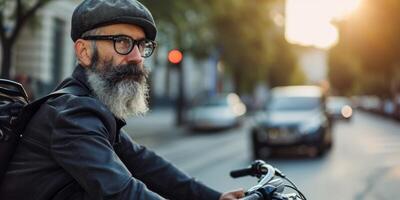 man with a beard and glasses on a bicycle in the city photo