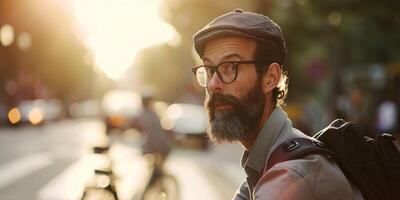 hombre con un barba y lentes en un bicicleta en el ciudad foto