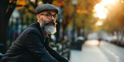 man with a beard and glasses on a bicycle in the city photo