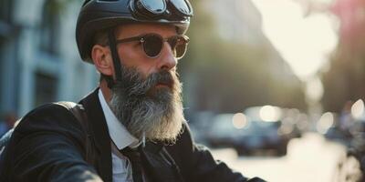 man with a beard and glasses on a bicycle in the city photo