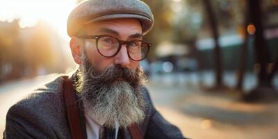 man with a beard and glasses on a bicycle in the city photo