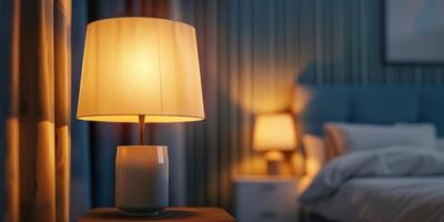 lamp on a wooden bedside table in the bedroom photo