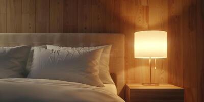 lamp on a wooden bedside table in the bedroom photo