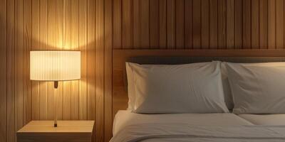 lamp on a wooden bedside table in the bedroom photo