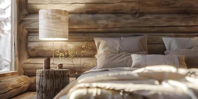 lamp on a wooden bedside table in the bedroom photo