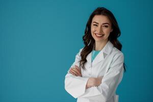 young woman on blue background photo