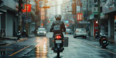 courier delivers parcels around the city on a motorcycle photo