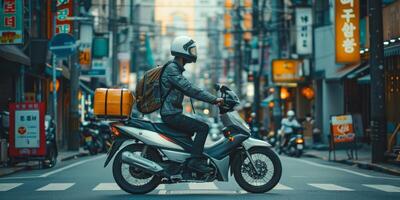 courier delivers parcels around the city on a motorcycle photo