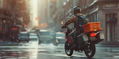 courier delivers parcels around the city on a motorcycle photo