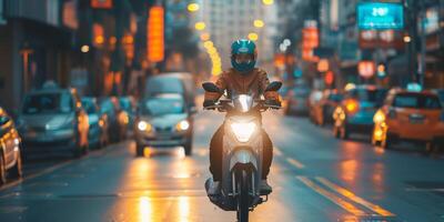 mensajero entrega parcelas alrededor el ciudad en un motocicleta foto