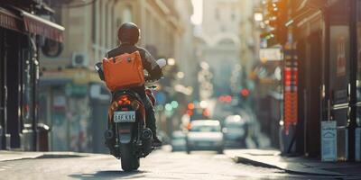 mensajero entrega parcelas alrededor el ciudad en un motocicleta foto
