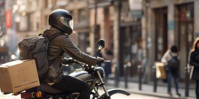 courier delivers parcels around the city on a motorcycle photo