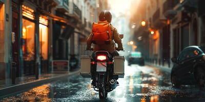 courier delivers parcels around the city on a motorcycle photo