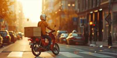 mensajero entrega parcelas alrededor el ciudad en un motocicleta foto