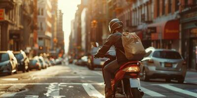 courier delivers parcels around the city on a motorcycle photo