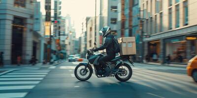 courier delivers parcels around the city on a motorcycle photo