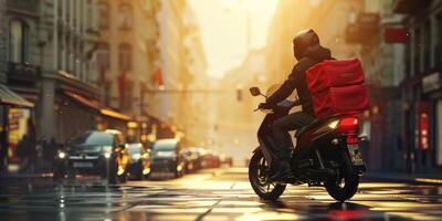 courier delivers parcels around the city on a motorcycle photo