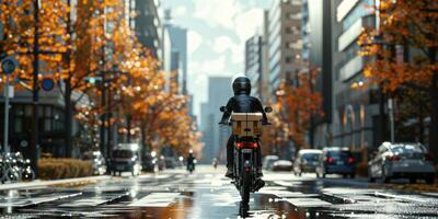 courier delivers parcels around the city on a motorcycle photo