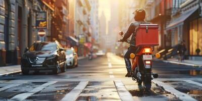 courier delivers parcels around the city on a motorcycle photo