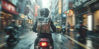 courier delivers parcels around the city on a motorcycle photo