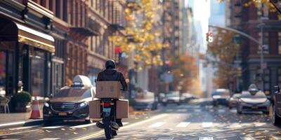 courier delivers parcels around the city on a motorcycle photo