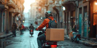 mensajero entrega parcelas alrededor el ciudad en un motocicleta foto