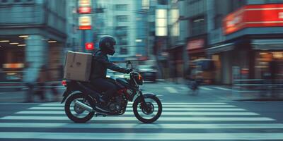 courier delivers parcels around the city on a motorcycle photo