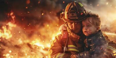 bombero gene ahorra un niño desde un fuego rativo ai foto