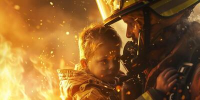 bombero gene ahorra un niño desde un fuego rativo ai foto