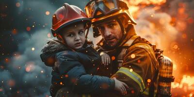 bombero gene ahorra un niño desde un fuego rativo ai foto