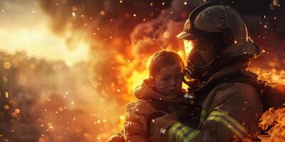 bombero gene ahorra un niño desde un fuego rativo ai foto