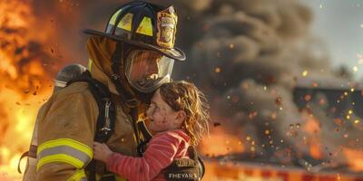 bombero gene ahorra un niño desde un fuego rativo ai foto