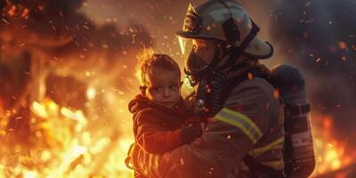 bombero gene ahorra un niño desde un fuego rativo ai foto