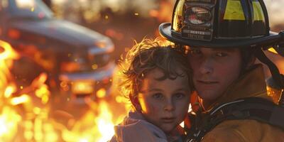 bombero gene ahorra un niño desde un fuego rativo ai foto