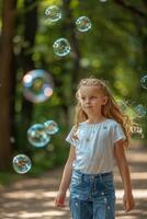 child blowing soap bubbles in nature photo