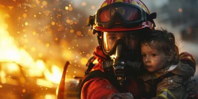 bombero gene ahorra un niño desde un fuego rativo ai foto