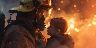 bombero gene ahorra un niño desde un fuego rativo ai foto
