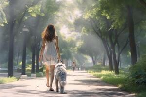 mujer caminando con perro en el parque foto