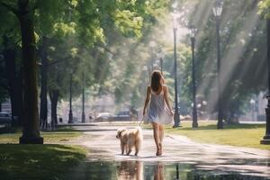 mujer caminando con perro en el parque foto