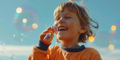 child blowing soap bubbles in nature photo