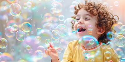 child blowing soap bubbles in nature photo