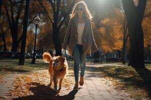 woman walking with dog in the park photo