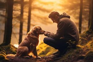 man talking to dog in park photo