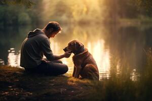 man talking to dog in park photo