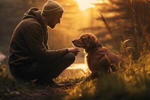 man talking to dog in park photo