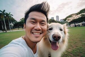 selfie de un hombre con un perro en el parque foto