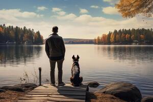 a man with a dog sitting on the shore of a lake photo